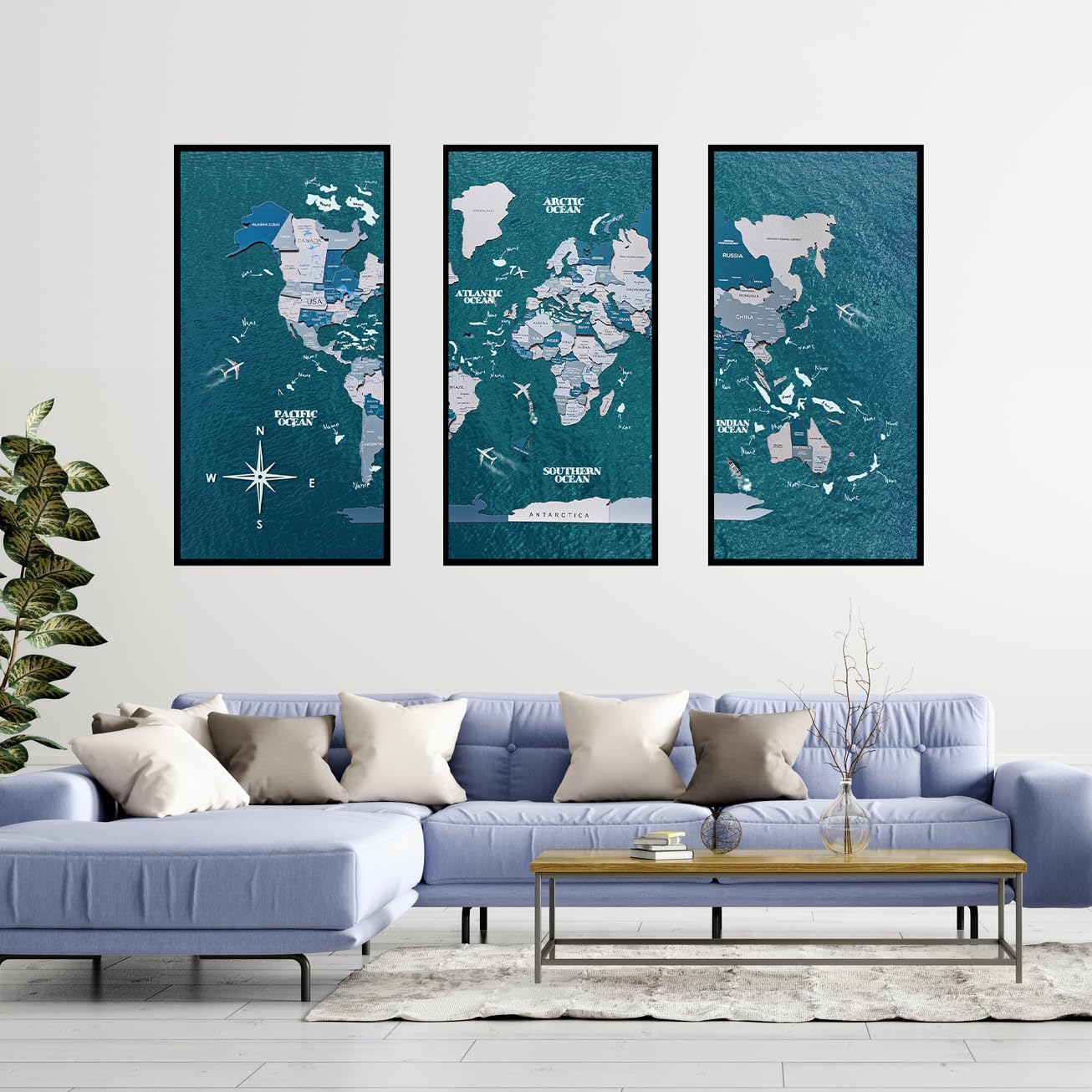 Enjoy The Wood Framed World Map Wall Art Wood Travel Decor 3D World Map On Board 3 Panels Wall Rustic Decoration Housewarming Gift (Medium, Triptych, Aqua)