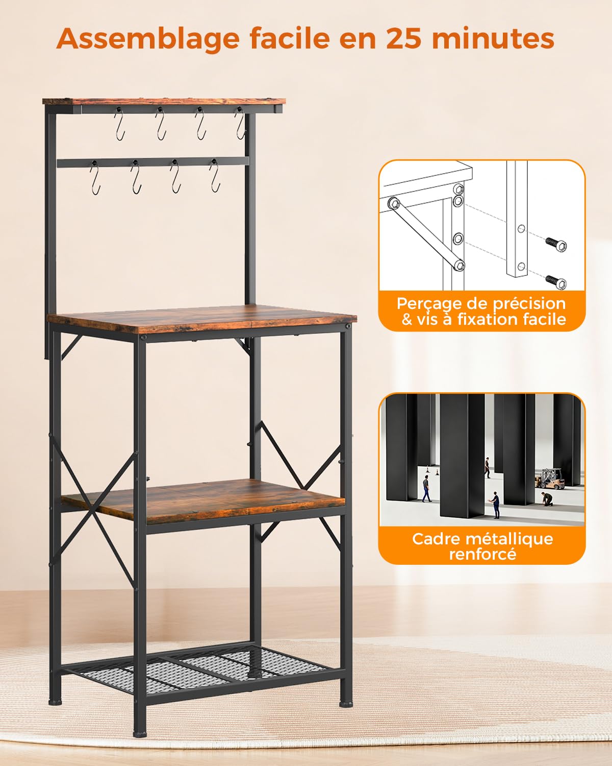 COMHOMA Étagère de Cuisine, Etagere Rangement pour Machine à Café, Étagère de Boulanger, 3 Étagères et 8 Crochets, pour Four à Micro-Ondes, Réglables, Cadre en métal, 55x37x126cm, Marron Rustique