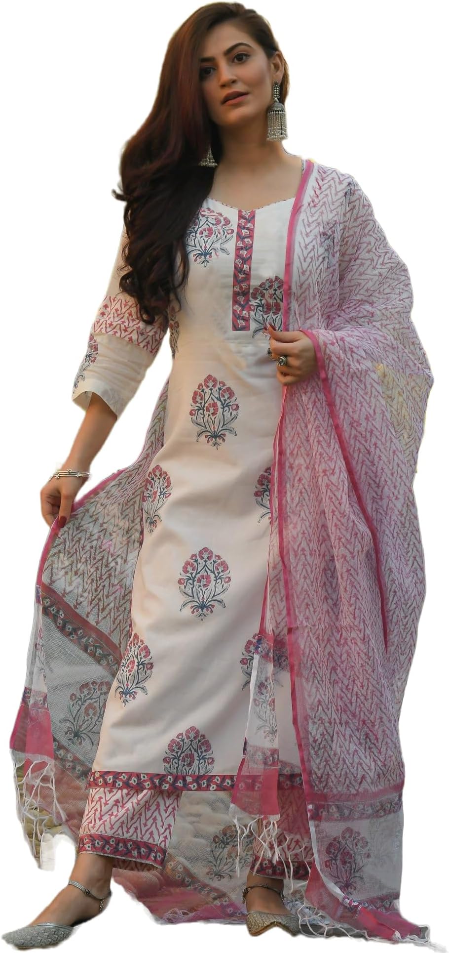 NermosaWomen's Viscose Block Printed Straight Kurta and Pant with Dupatta Ethnic Set (White) - Naazuit_NM