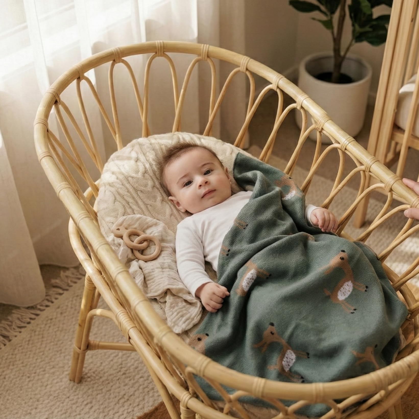 Coperta Fasciatoio a Maglia per Neonati - 100% Cotone Morbido e Confortevole, Coperta da Ricezione per Culla e Passeggino, Regalo per Bambini (Cervo - Salvia)