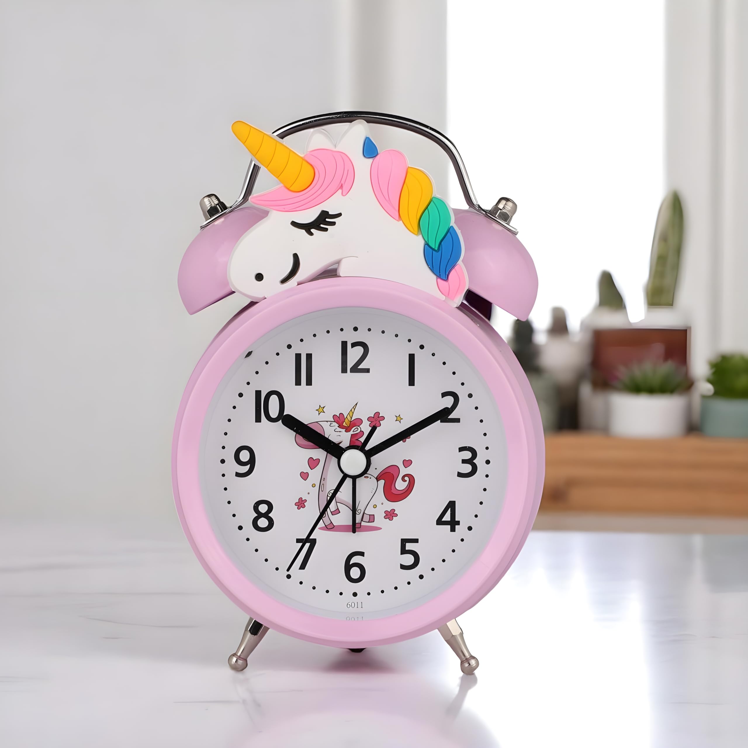 De'rons Twin Bell Analog Table Alarm Clock for Heavy Sleepers with Backlight Alarm Clock for Study Table Funny Cute Cartoon Unicorn Shape Alarm Clock for Girls Kids Boys Bedroom 9 x 13.5 cm (Pink)-picture-22