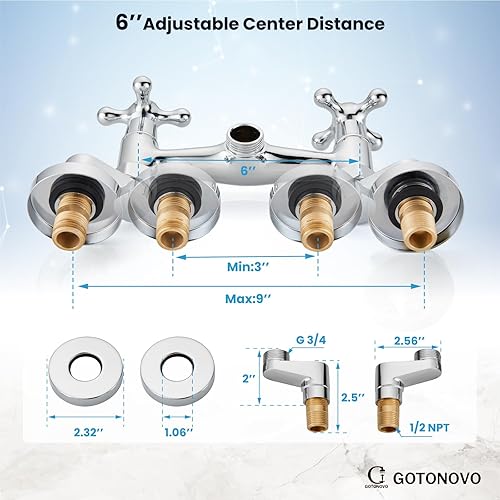 Miniatura 5 de gotonovo Grifo de fregadero de cocina cromado pulido, montaje en pared, 6 pulgadas, distancia de orificio ajustable, grifos de pared de cocina, caño