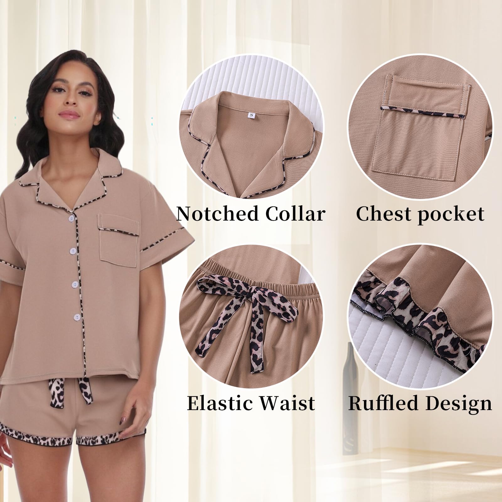 RONGTAI Pigiama Leopardo 2 Pezzi con Bottoni per Donna Completo di Shorts a Collo a incavo Abbigliamento da Notte