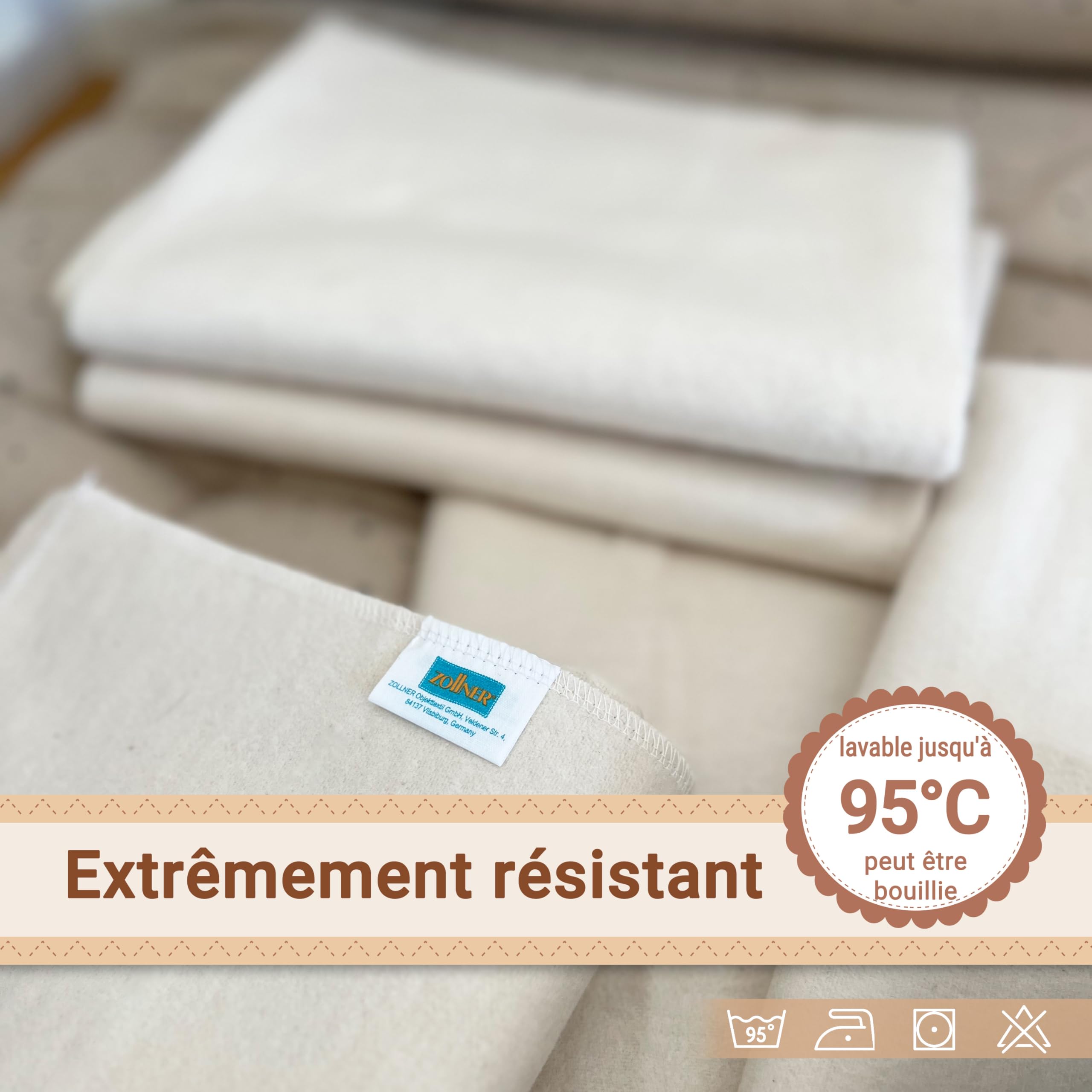 ZOLLNER Set de 5 Chiffons molletonnés en 80x80 cm en Coton - Matelas à Langer très Absorbant - Doux et Chaud - Lavable jusqu'à 95°C - en Blanc Nature - certifié Oeko Tex®