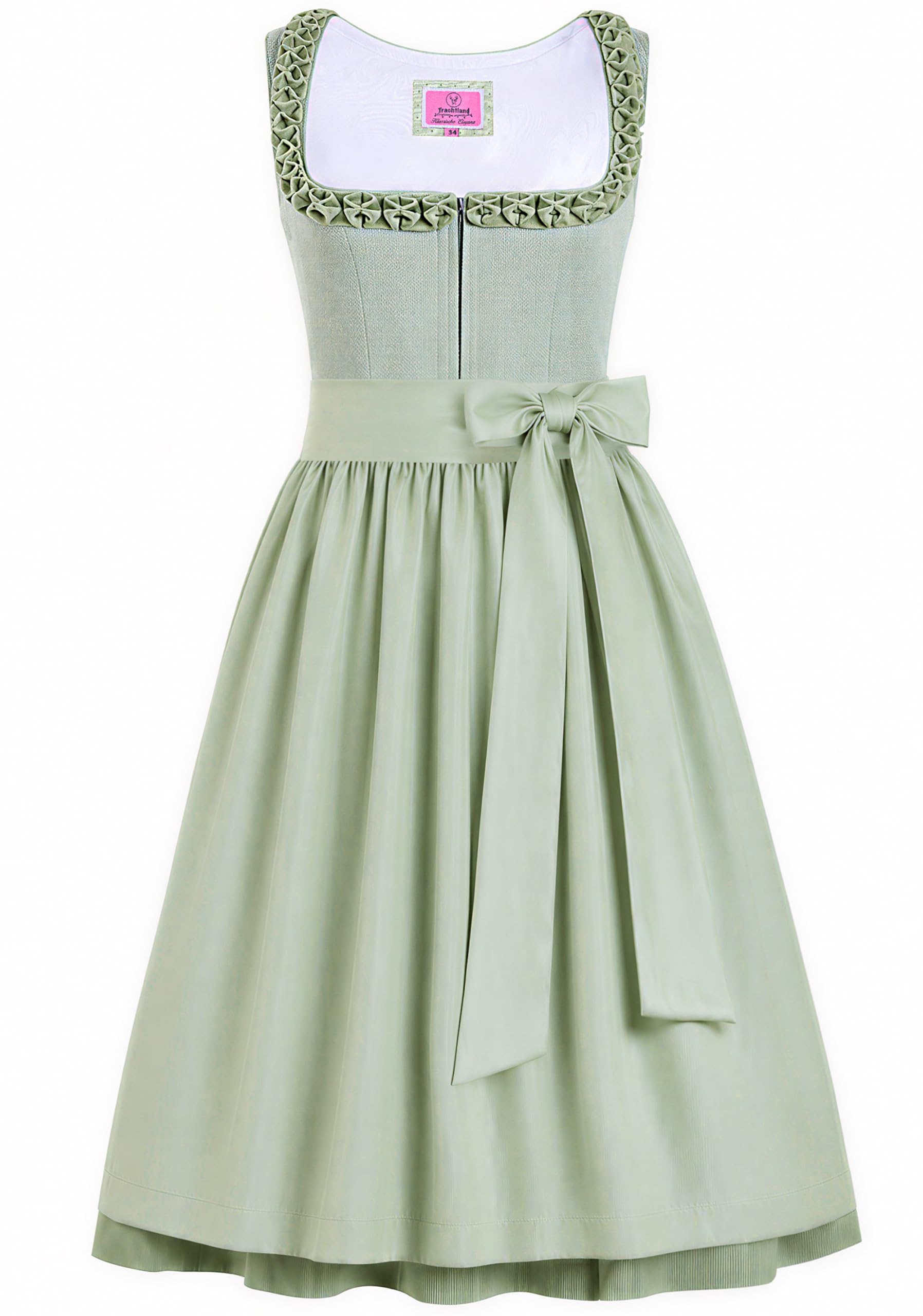 Dirndl Damen, Midi 70 cm, Grün, Leinen-Mischung, Oktoberfest Trachtenkleid, A-Linie, Reißverschluss Vorne, Größe 34-44