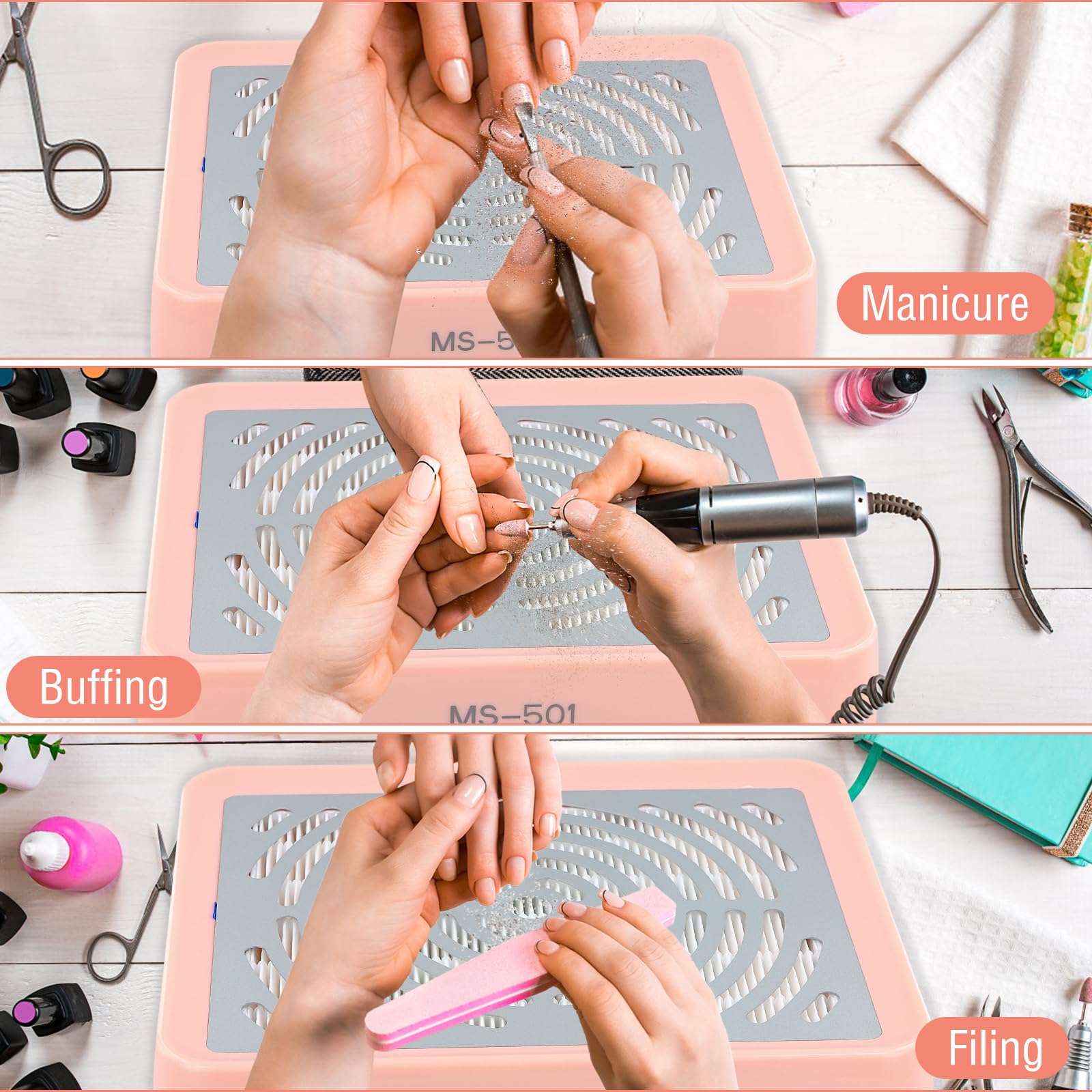Aspirateur Ongle, Aspirateur Manucure avec Lumière USB, Collecteur de Poussière à Ongles, Professionnelle Onglerie Aspirateur à Faible Bruit pour Salon de Manucure à Domicile