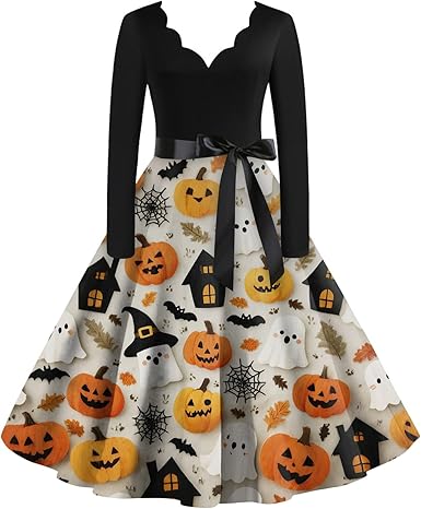 OIOLOYJM Sexy Plus Size Halloween Costumes Woman 2025 Long Sleeve V Neck Printed Gothic Retro Formal Party Dresses for Women