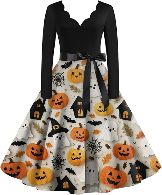 OIOLOYJM Sexy Plus Size Halloween Costumes Woman 2025 Long Sleeve V Neck Printed Gothic Retro Formal Party Dresses for Women