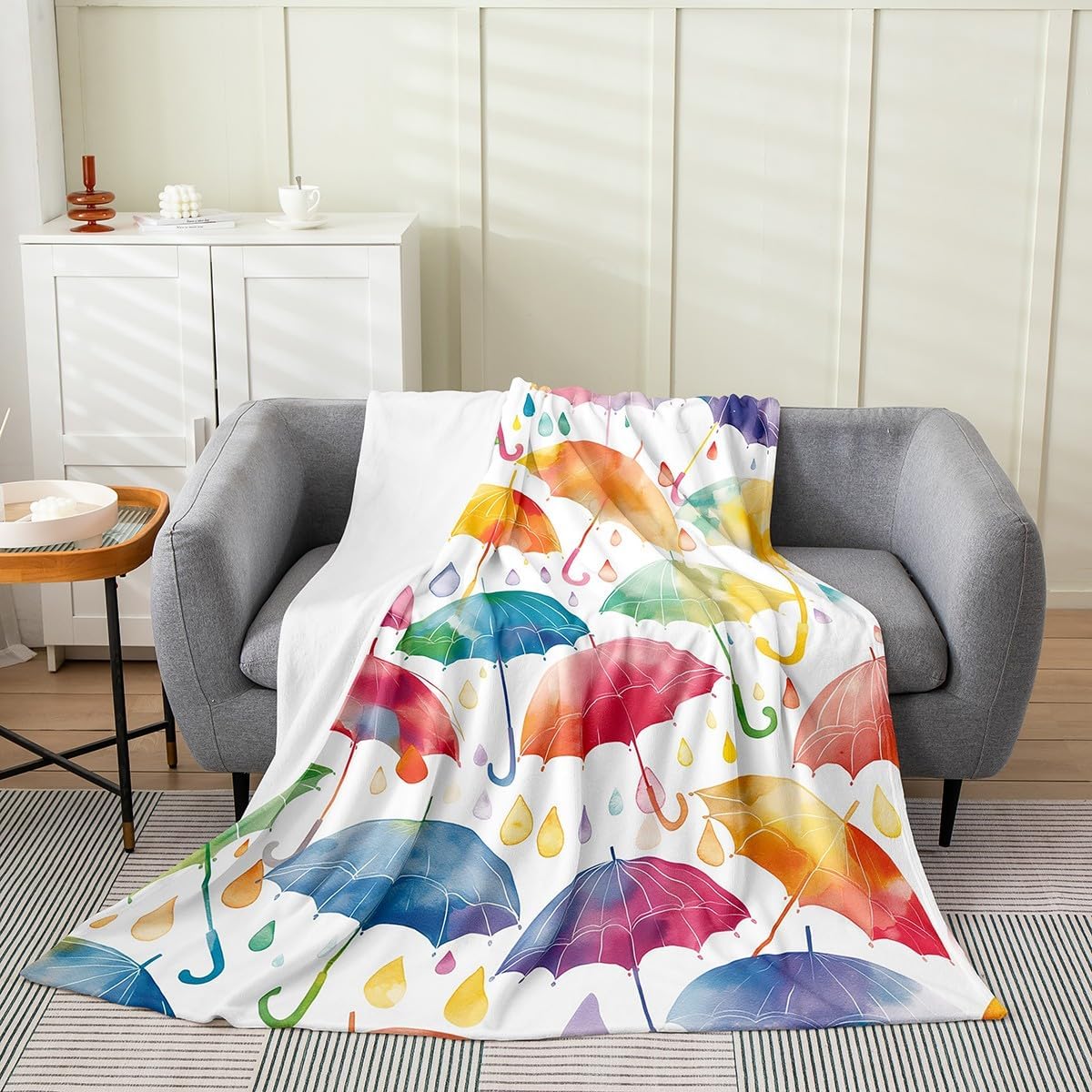 Feelyou Umbrella Fuzzy Blanket Queen 90"x90" Cartoon Umbrella Flannel Fleece Throw Blanket for Sofa Couch Teens Toddler Colorful All Season Bed Blanket Raindrop Plush Blanket