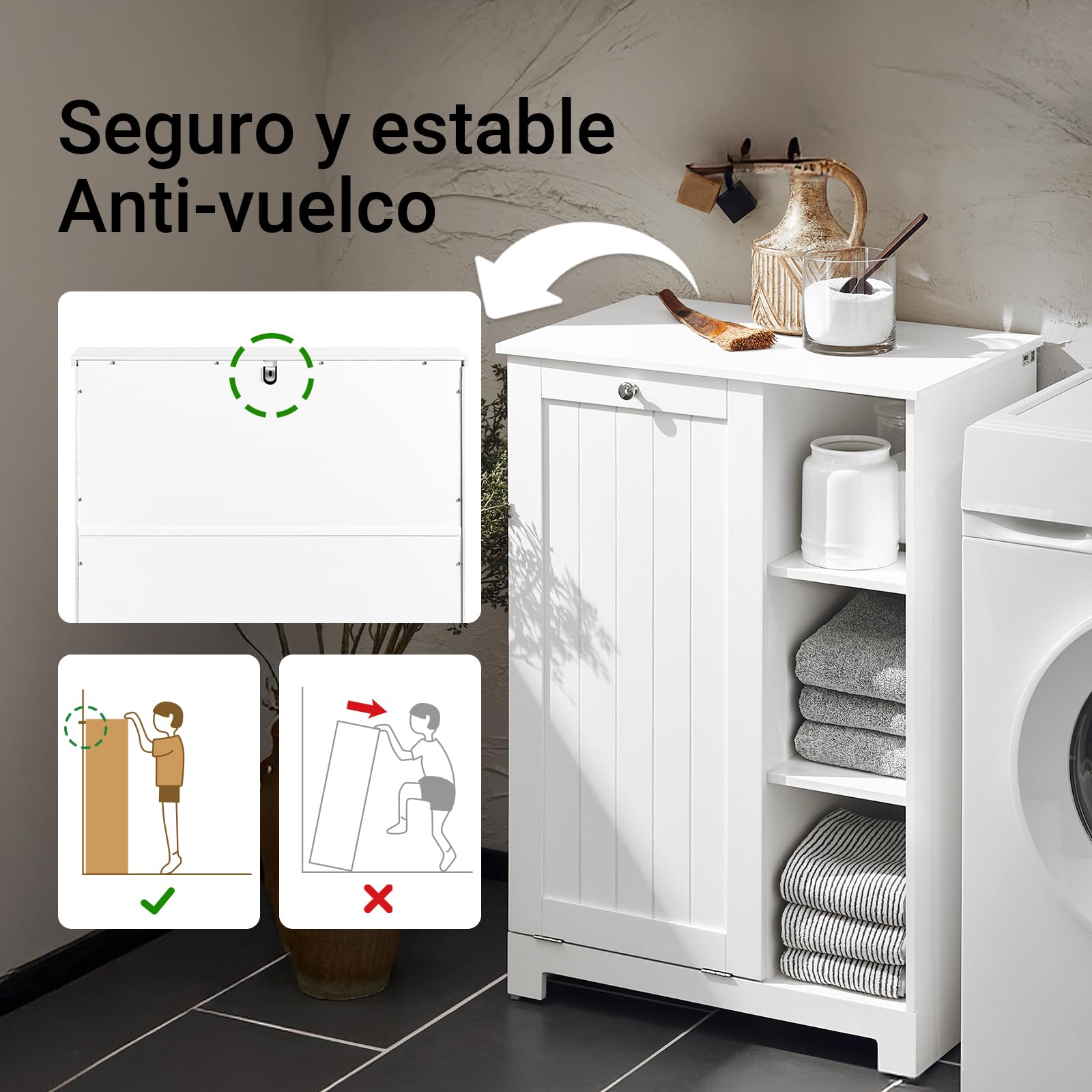 SoBuy Mueble Baño con Cesta de Lavandería – Mueble Ropa Sucia con 3 Estantes – Armario Baño Ahorra Espacio de Madera para Espacios Pequeños, Blanco, 60x86x37cm, BZR105-W