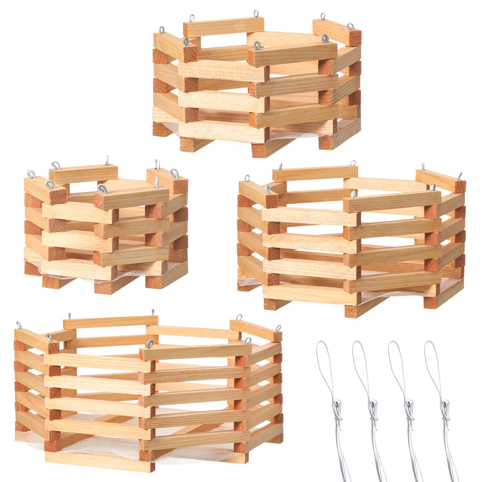 Romooa 4 Pcs Wooden Orchid Baskets with Hangers for Outdoor Plants, Rustic Handmade Vanda Baskets, Hanging Orchid Planter, 4 Size