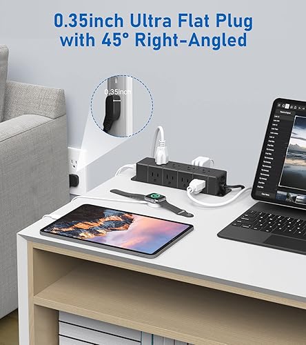 Miniatura 4 de Regleta de alimentación USB C de 30 W, tira de alimentación de enchufe plano ultrafina, 4 lados, 12 tomacorrientes, 1 PD de carga rápida, 2 USB-C, 2