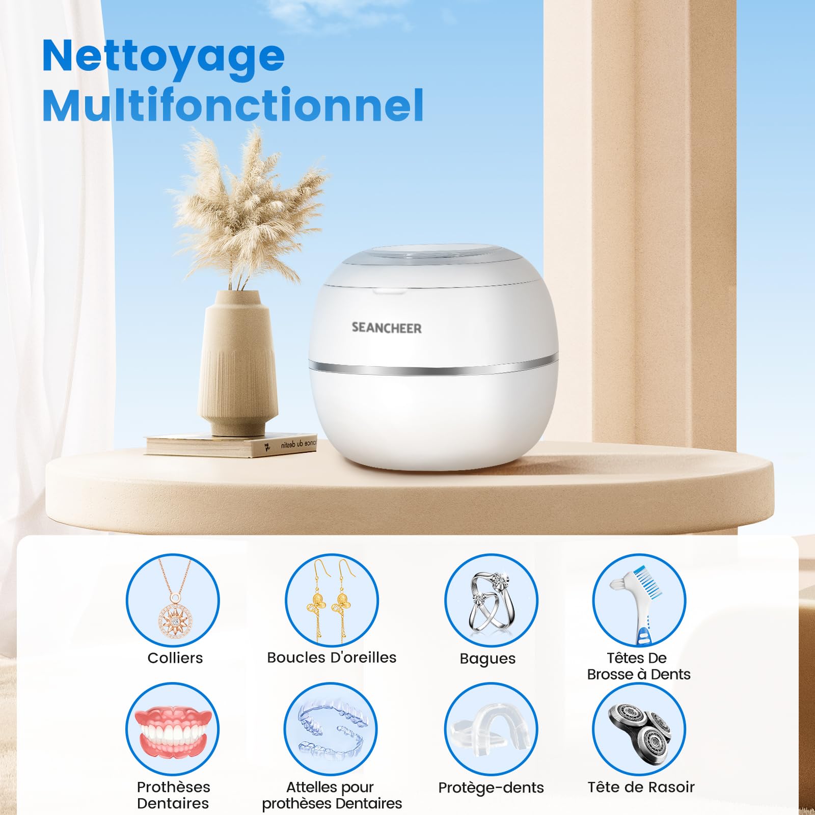 SEANCHEER Nettoyeur Ultrasons 48000Hz Dental Pod | 180ML | Mini Ultrasonic Cleaner Portable avec Lampe UV pour | Prothese Dentaire | Gouttiere Dentaire Bruxisme | Aligneur | Retainer | (Blanc)