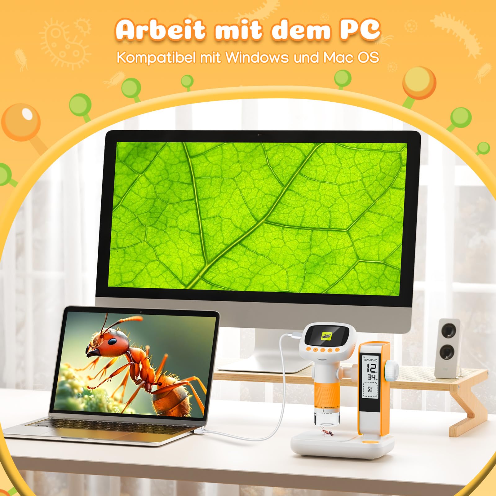 Leipan Microscopio digitale per bambini 2 in 1 con supporto per timer, ingrandimento 1000x, palmare/desktop, schermo IPS da 2", connessione USB PC, 12 vetrine, 8 LED, per laboratorio educativo, età 4