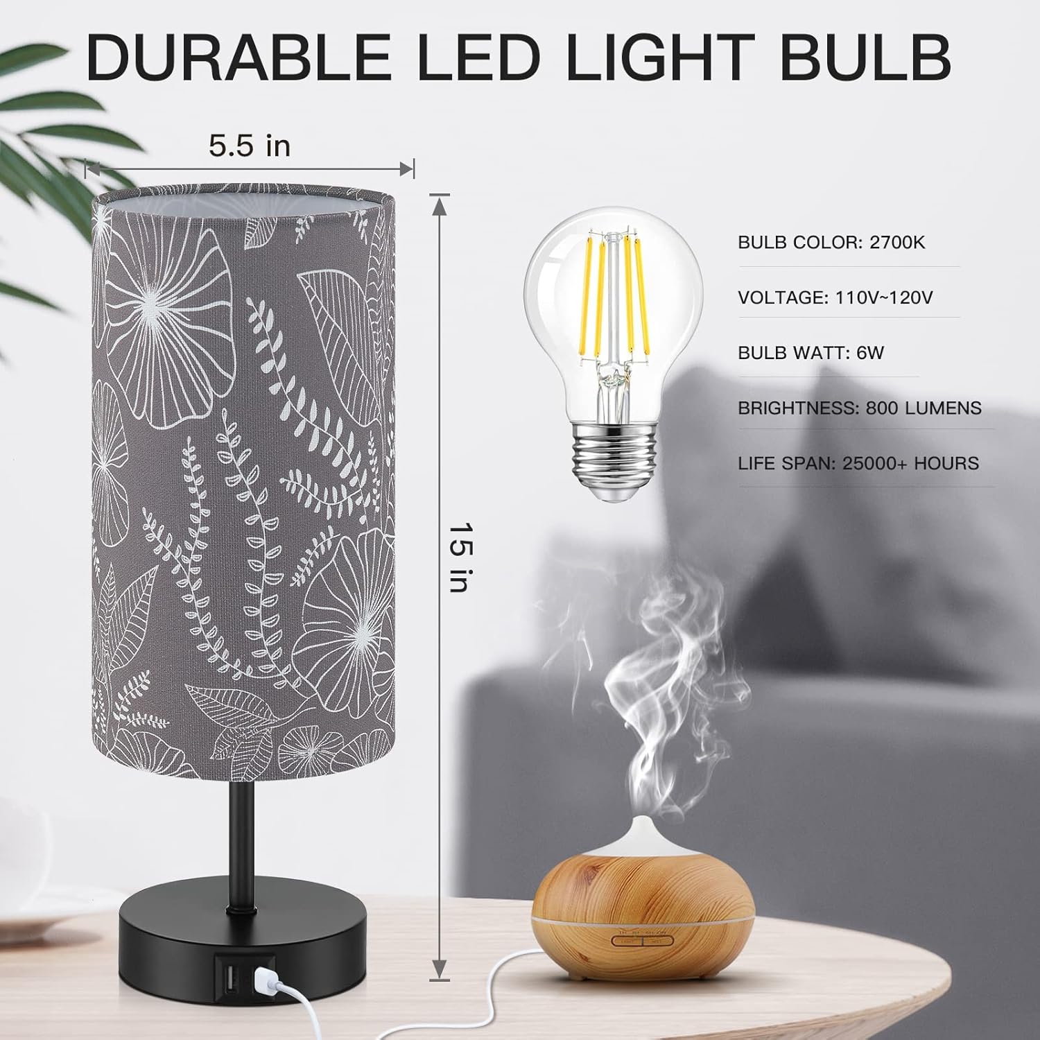 Bedside Table Lamp with 2 USB Ports, Modern Touch Control Desk Lamp with Round Flower Flaxen Fabric Shade, 3 Way Dimmable Small Nightstand Lamp for Bedrooms Living Room Dorm Gray Decor(Bulb Included)