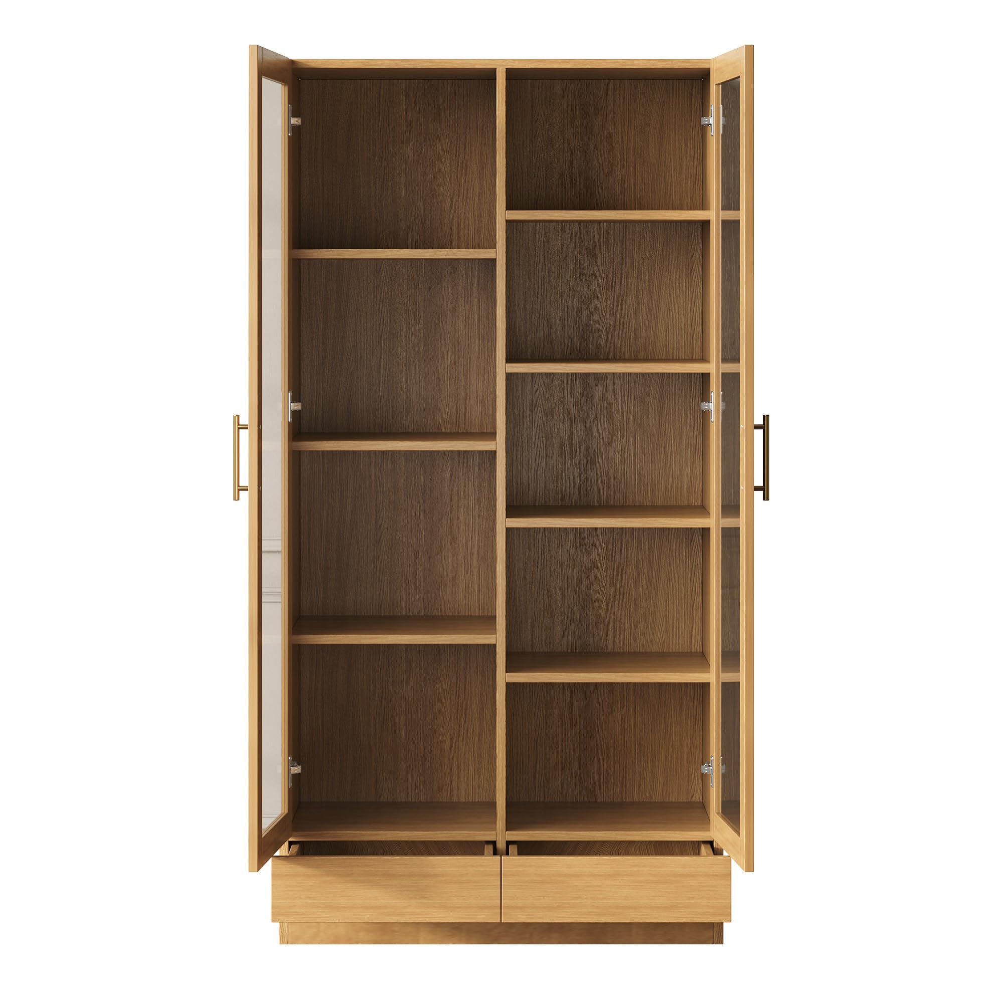 Vitrina de cristal (gabinete de oficina/estantería/archivador/estantería) – estantes escalonados, no ajustables, cajones push to abiertos sin asas, 80 x 40 x 160 cm, color madera