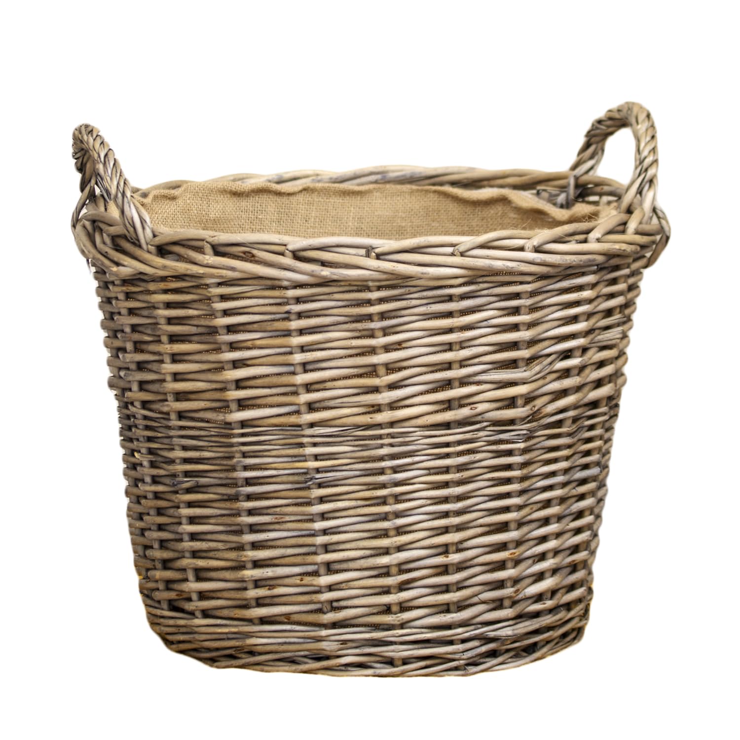 Willow Lined Log Basket Large 43x40x43cm Antique Wash Round Home Wood Fireplace Storage