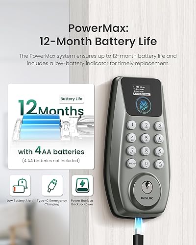 Miniatura 5 de DESLOC Cerradura inteligente C110 con pantalla LockVue, cerradura de puerta de entrada sin llave 3 en 1 con huella digital, código de acceso y