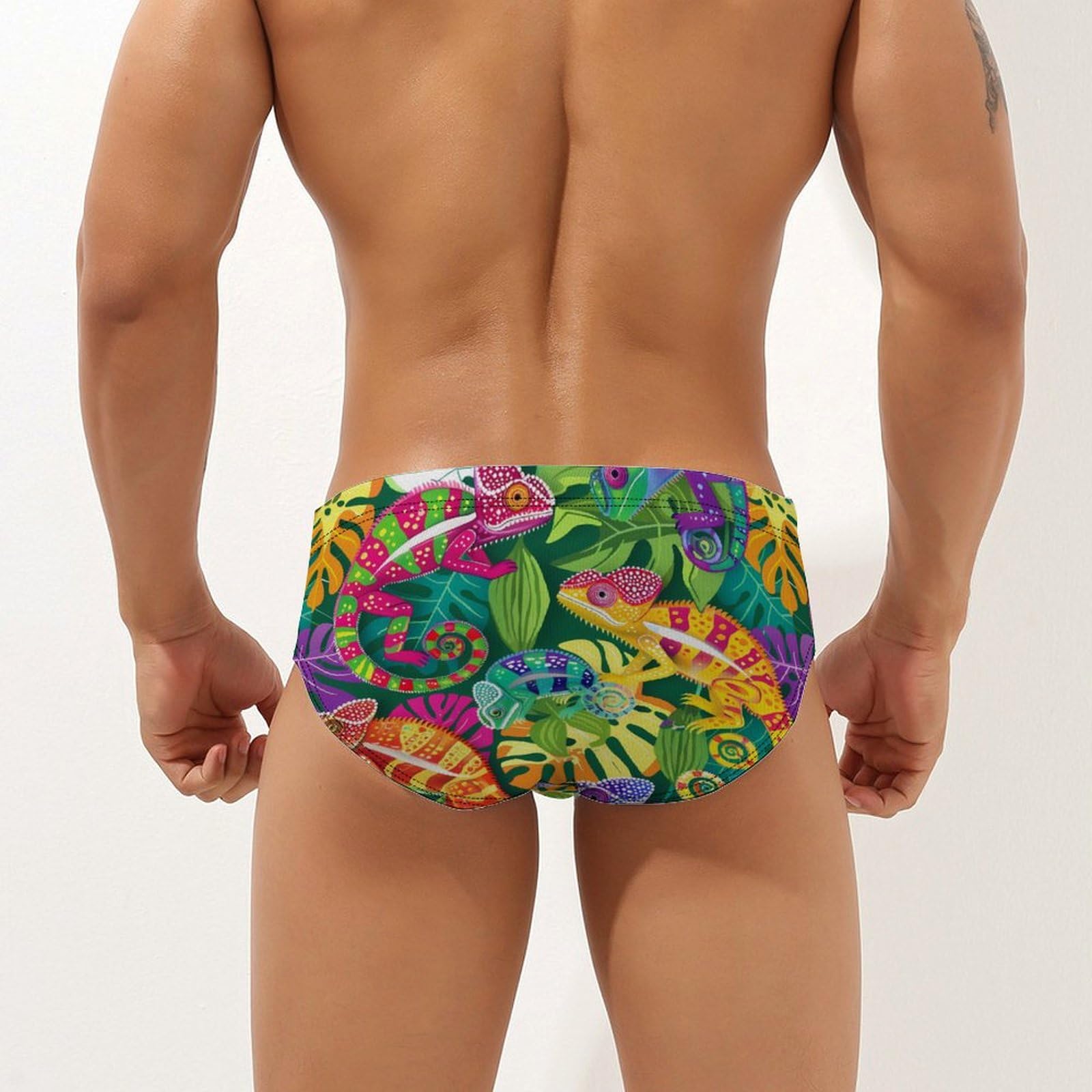 Colored Tropical Chameleons Mens Swim Briefs Quick Dry Swim Trunk Bikini Underwear Swimsuit L