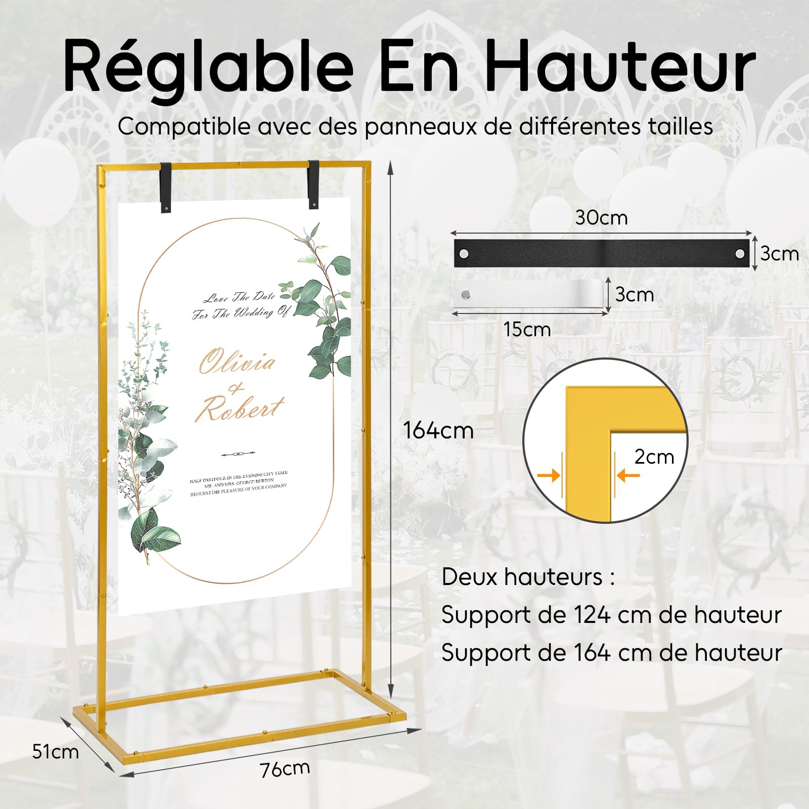 Support de présentoir de mariage, 164 x 76 x 51 cm, chevalet robuste pour panneau avec 4 sangles en cuir, adapté pour tableau de sièges, réception, affiches et décoration (Doré)