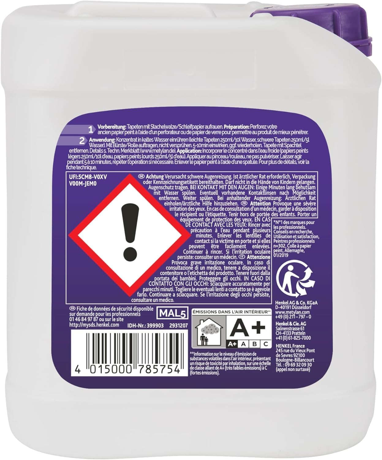METYLAN Décolleur Actif, décolle tous types de papiers peints - très concentré jusqu'à 400 m² de papiers peints décollés avec 1 litre - bidon de 5 litres