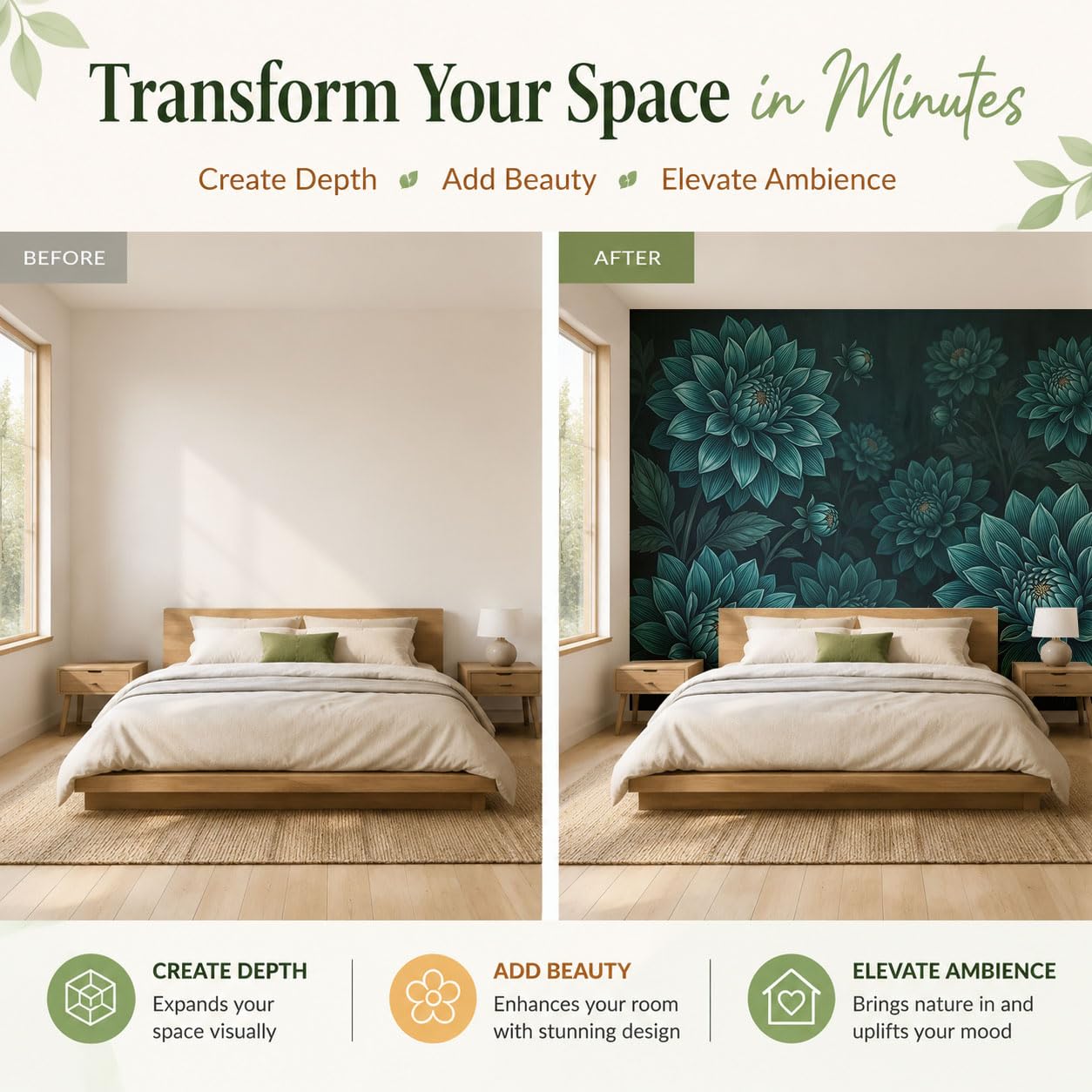 Papier Peint Panoramique 400X280Cm Paysage Mystérieux De Dahlias | Cyan Foncé Papier Peint Intissé Tapisserie Poster Décoration Murale Pour Salon Chambre - Plantes Rétro 3D