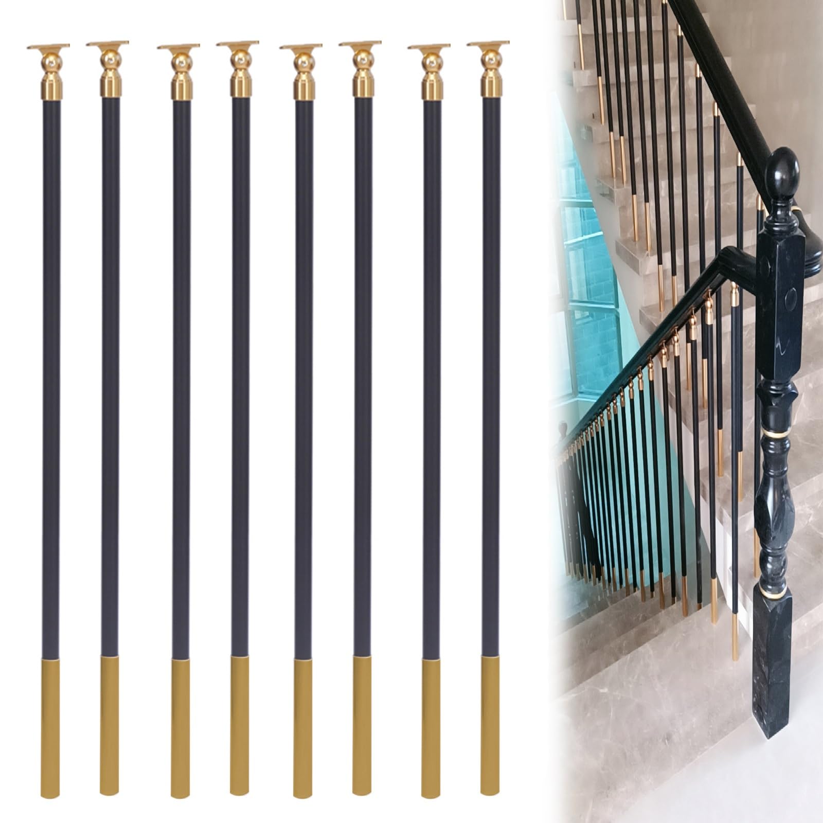 Strona główna Wille Schody na poddaszu Tralki Wrzeciona 37,4 ", Schody wewnętrzne na zewnątrz Okrągły słupek balustrady balustrady z płaskimi regulowanymi wspornikami, złoty(Black,8 Pcs)