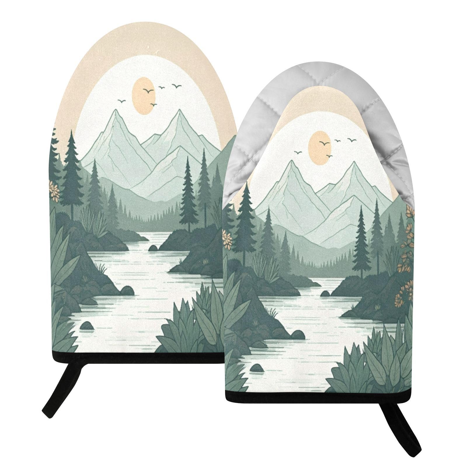 BURSTDDY Sunset Mountain Painting Oven Mitt,Heat Resistant Kitchen Mitts for Cooking