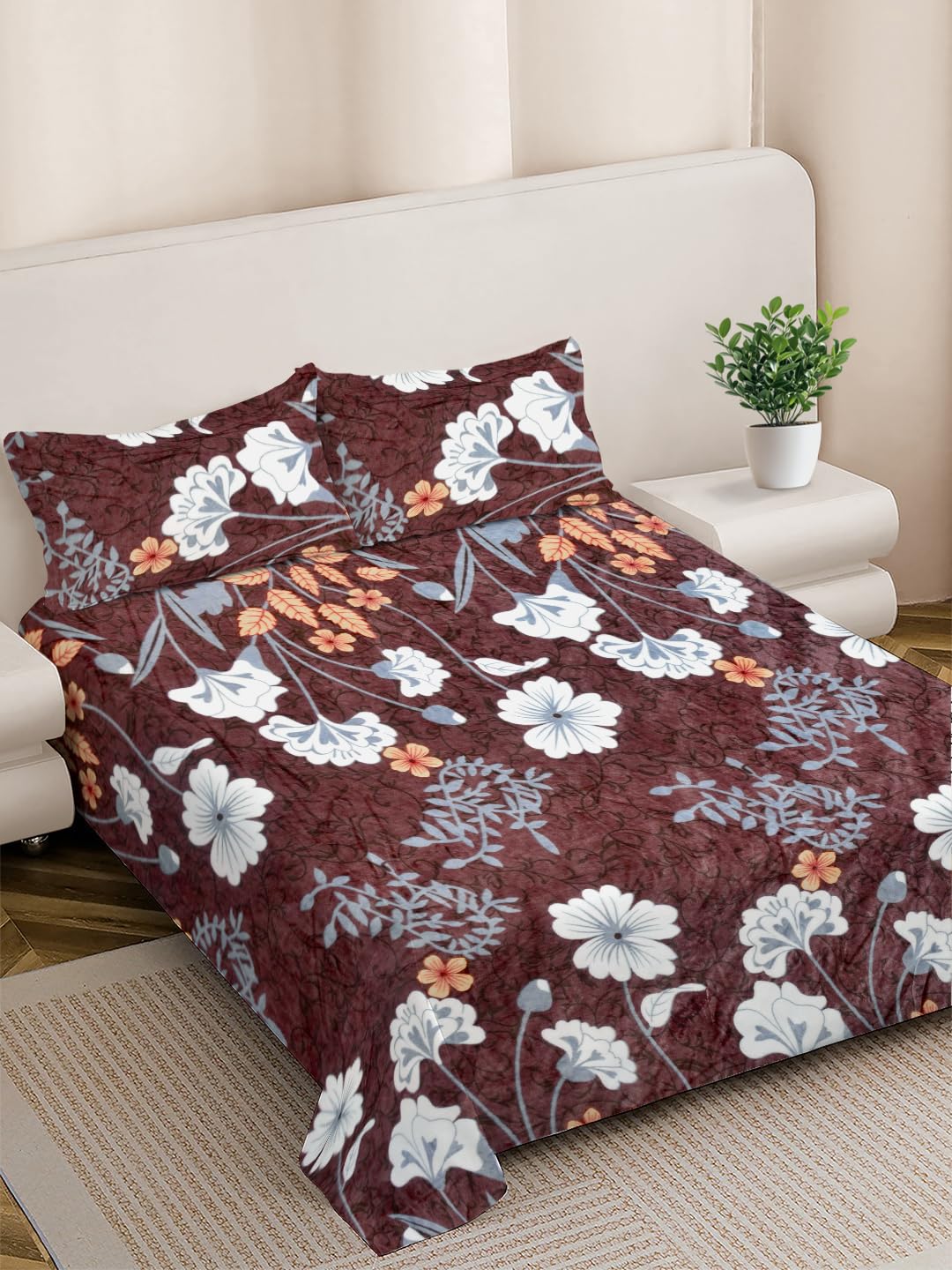 FABINALIV Brown Floral Woollen King Size Double Bedsheet with 2 Pillow Covers (FLWBS-1139-Brown)-image-6