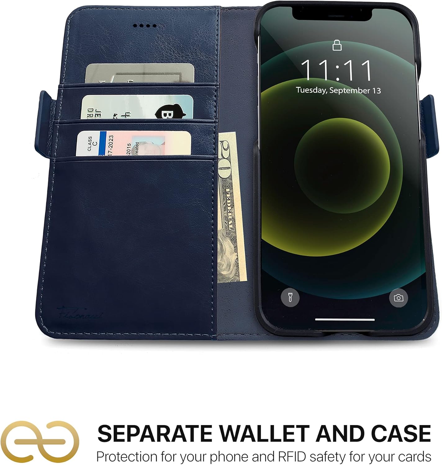Dreem Fibonacci 2-in-1 Wallet Case for Apple iPhone 12 Mini - Luxury Vegan Leather, Magnetic Detachable Shockproof Phone Case, RFID Card Protection, 2-Way Flip Stand - Royal