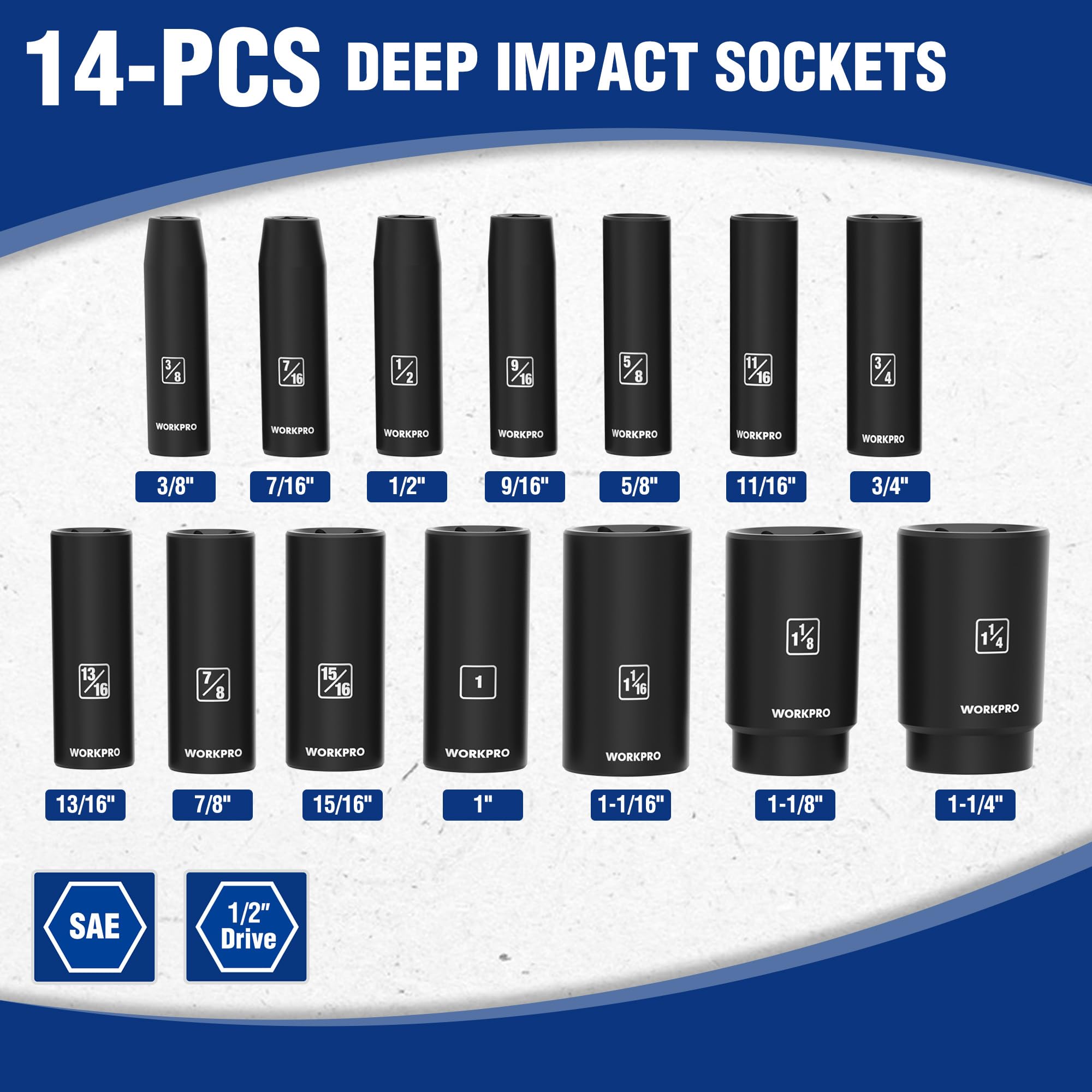 WORKPRO 14-Piece 1/2? Drive Deep Impact Socket Set, 6-Point Impact Deep Socket Set with Heavy Duty Storage Case for Automotive and Mechanical Repairs, 3/8
