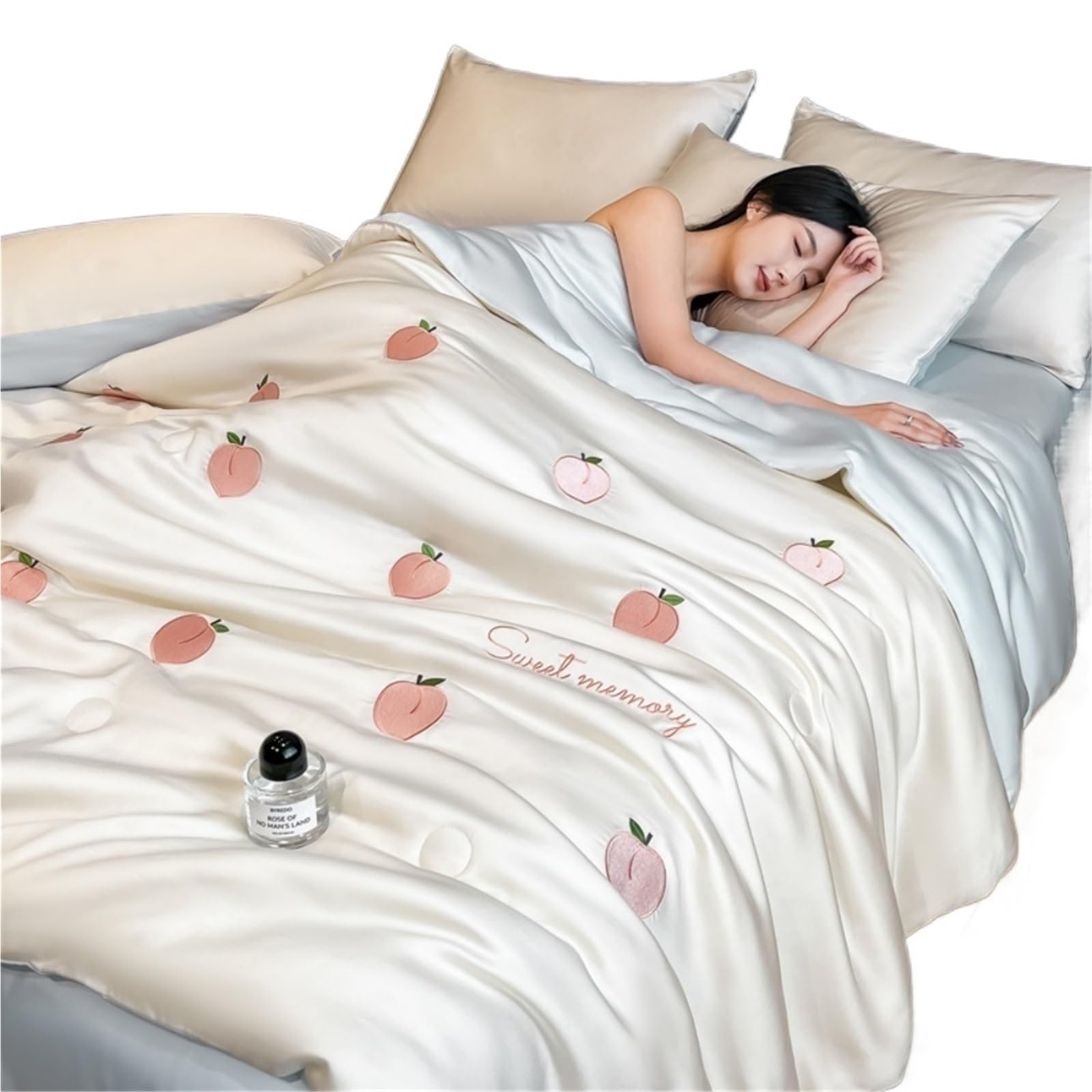 UALXPAO silk bedding Cool Summer Ice Silk Quilt Four-Piece Sets Embroidery Thin Bed Sheet With Pillowcases Air Conditioner Bedding Set(03 Blue,180x220cm 3pcs)