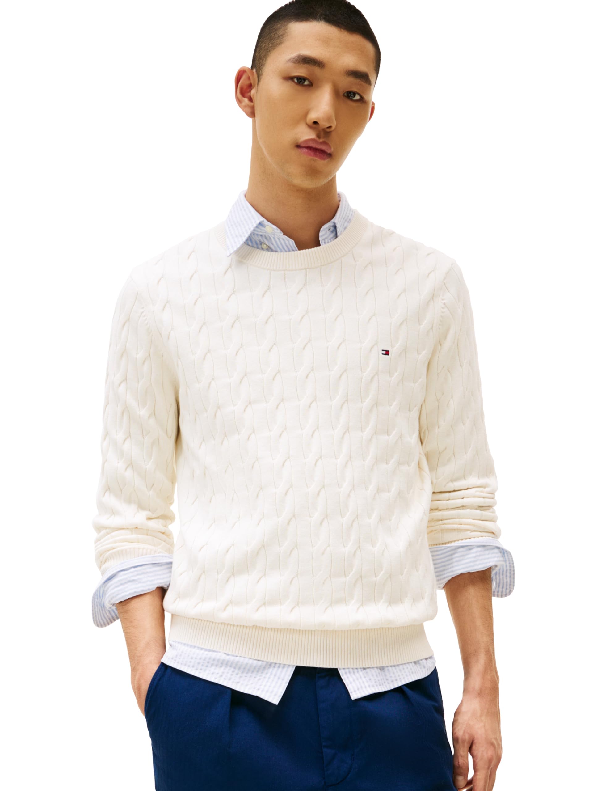 Tommy Hilfiger Men's Cable Knit Crewneck Sweater Lightweight Pullover, Ivory Petal, XXL