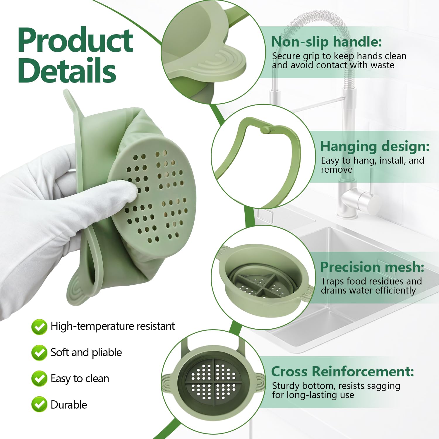 Pieghevole Cestello di Scarico per Lavello da Cucina, Cestello Filtro per Lavandino in Silicone, Rimovibile da Appendere, per Filtrare i Residui di Cibo e Prevenire L'Intasamento del Lavello (Verde)