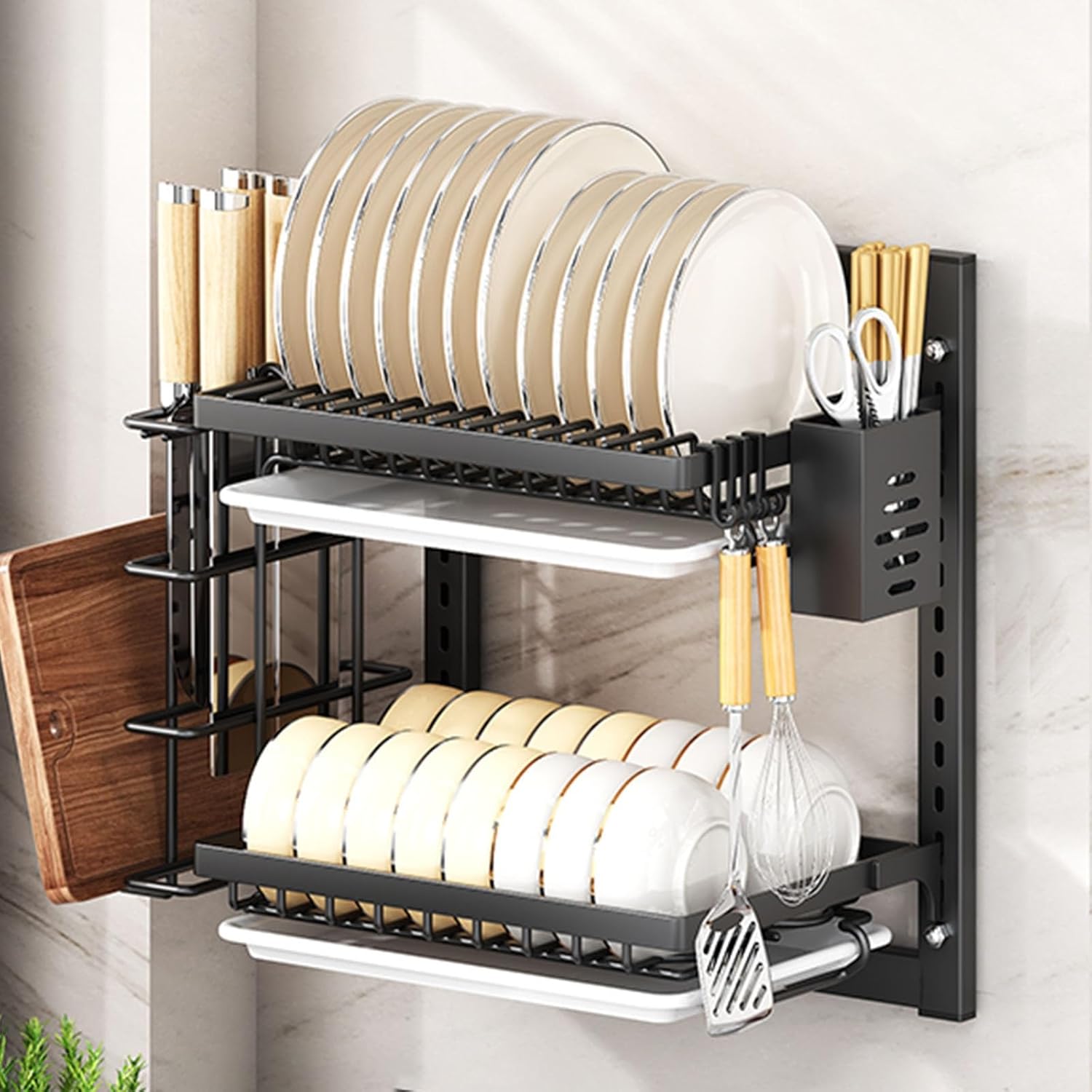 Wall Mounted Dish Drying Rack,Large Dish Drainer Drying Rack for Kitchen Counter,Multi-Level Kitchen Organizer with Drainboard Double-Layer Model(White,2 Tier 38cm)