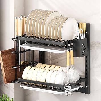 Wall Mounted Dish Drying Rack,Large dish drainer drying rack for Kitchen Counter,Multi-Level Kitchen Organizer with Drainboard Double-Layer ModelBlack,2 Tier 38cm