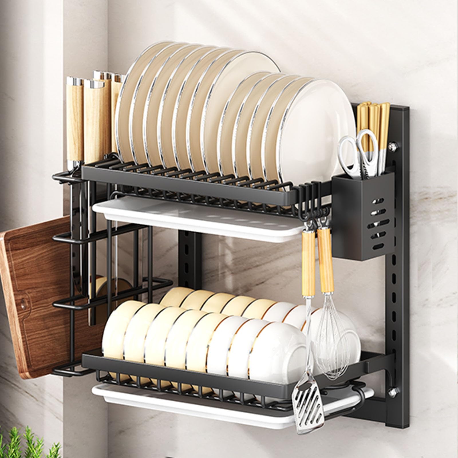 GUQASDV Wall Mounted Dish Drying Rack,Large dish drainer drying rack for Kitchen Counter,Multi-Level Kitchen Organizer with Drainboard Double-Layer Model(Black,2 Tier 42cm)