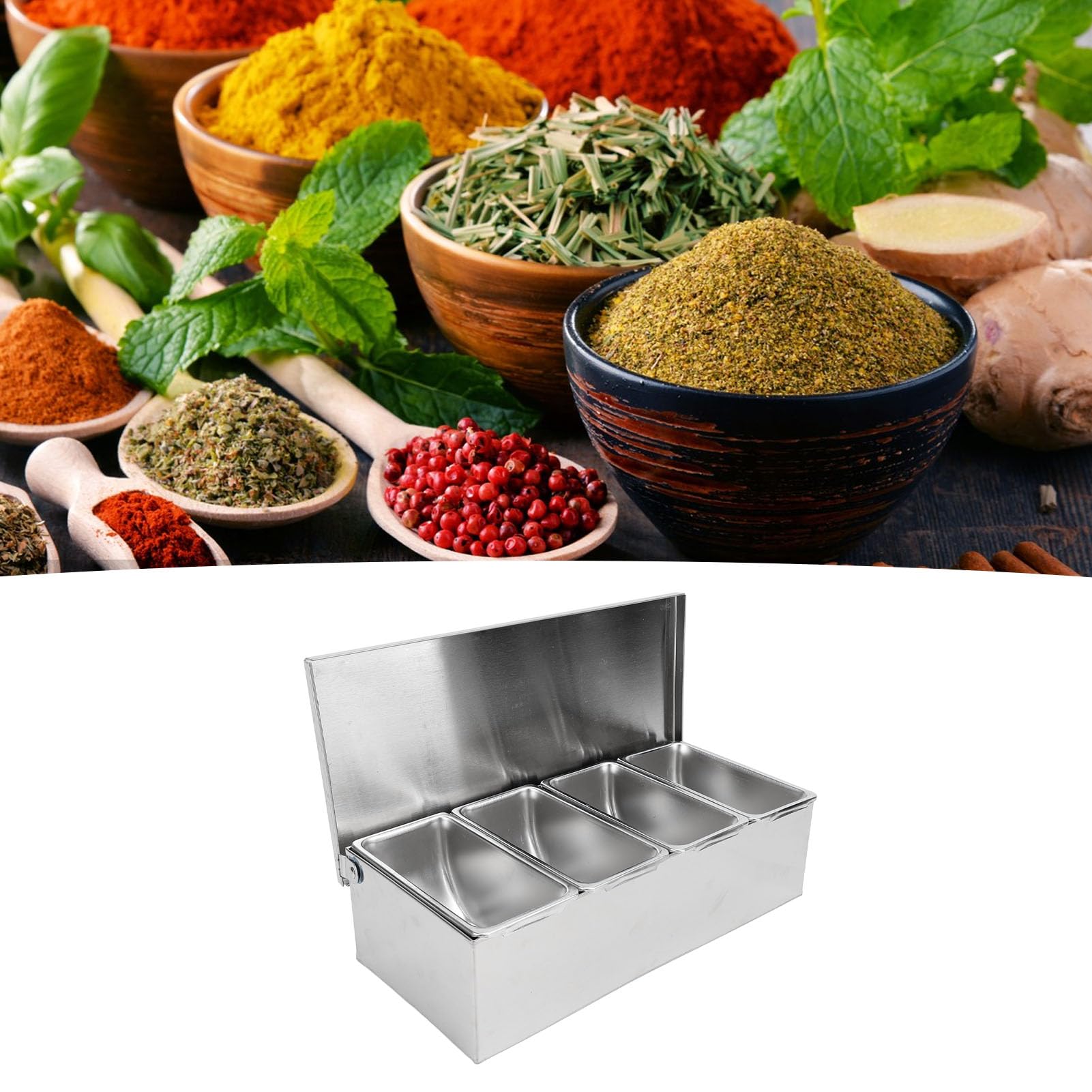 Caja de Condimentos de Acero Inoxidable con Tapa, 4 Compartimentos Rectangulares con Diseño de Tapa Volteable Caja Organizadora Portátil de Gran Capacidad para Condimentos