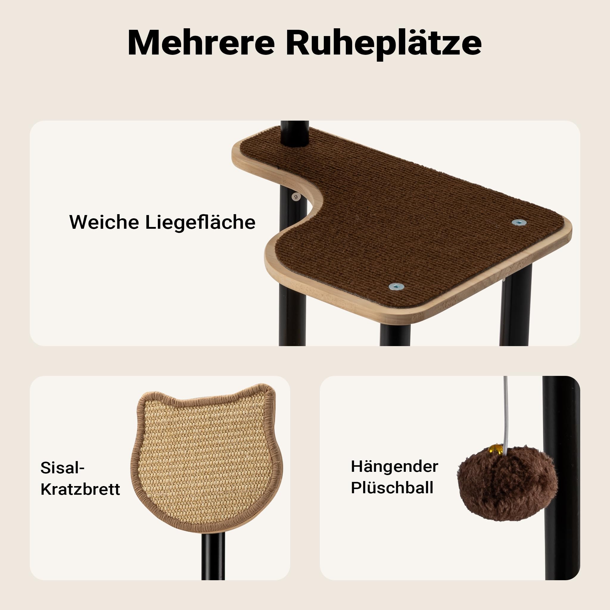 Fudajo Kratzbaum aus Metall 48 x 40 x 120 cm mit Sisal, Kratzmöbel mit Kratzbrett, Katzenbaum mit großer Liegefläche und modernem Design