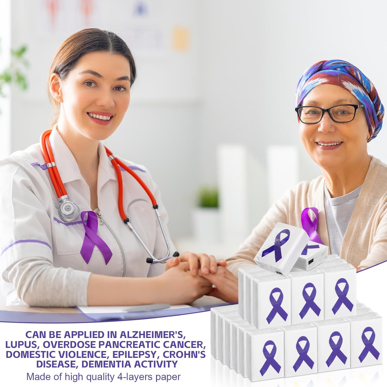 Fullhawl 36 Pack Purple Ribbon Awareness Pocket Tissues Epilepsy Alzheimer Cancer Awareness Travel Size Facial Pocket Tissues for Charity Events Survivor Campaign Supplies Purple Ribbon Souvenir Gift