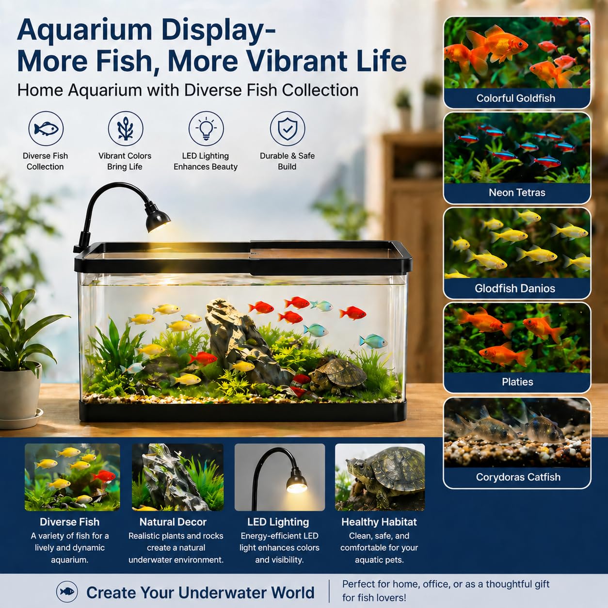 Kit de iniciación de pecera de 5 galones con bomba de aire de red ligera para plantas acuáticas y guijarros, pecera pequeña Betta para camarones, Guppy y Tetra de neón, acuario de escritorio