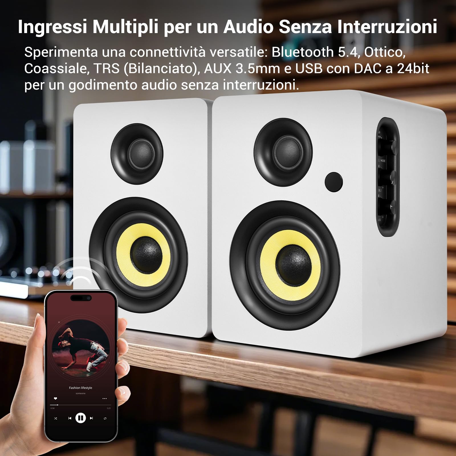 Sanyun SW206 80W Casse Attive da Libreria a Doppia Modalità, Monitor Studio 4" & HiFi, Campo Sonoro 3D Migliorato, Ingresso Bilanciato TRS 6,35mm, BT 5.4, Ottico/Coassiale/Aux/USB DAC 24bit, Bianco