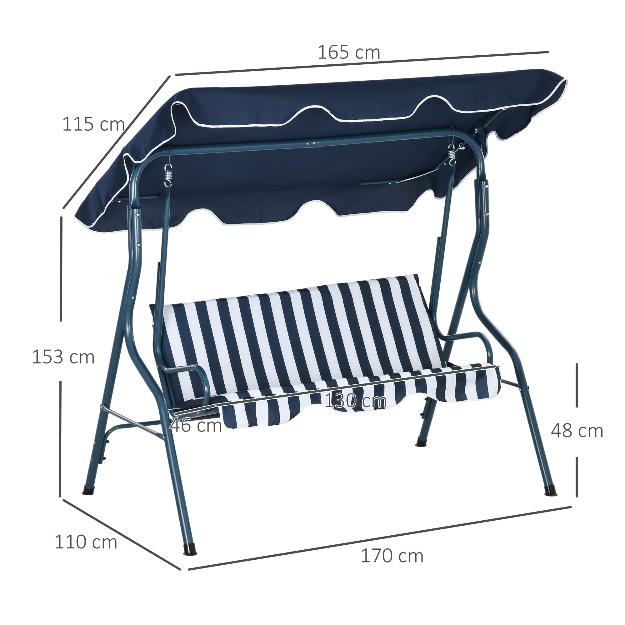 Outsunny Columpio de Jardín de 2-3 Plazas, Balancín de Exterior con Toldo Ajustable en Ángulo, Impermeable y Marco de Acero, para Patio, Balcón, 170x110x153 cm, Azul