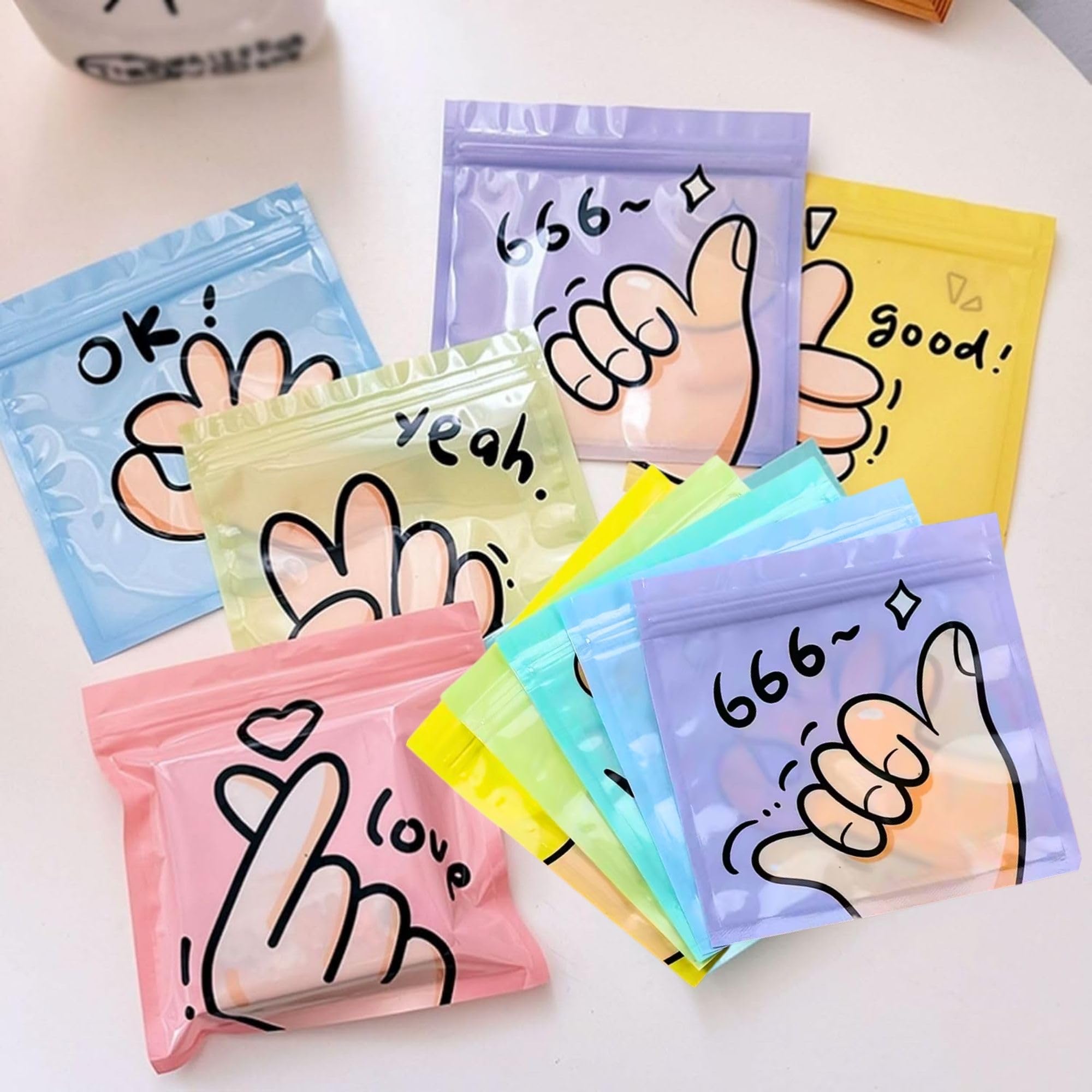 Birthday Popper 36 Pcs Korean Style Ziplock Pouches - Assorted | Small Size 13.5 cm, Cartoon Hand Gesture Printed | Candy Treat, Cookie & Dry Fruit Packing | Birthday Return Gifts, Party Gift Pouch-image-2