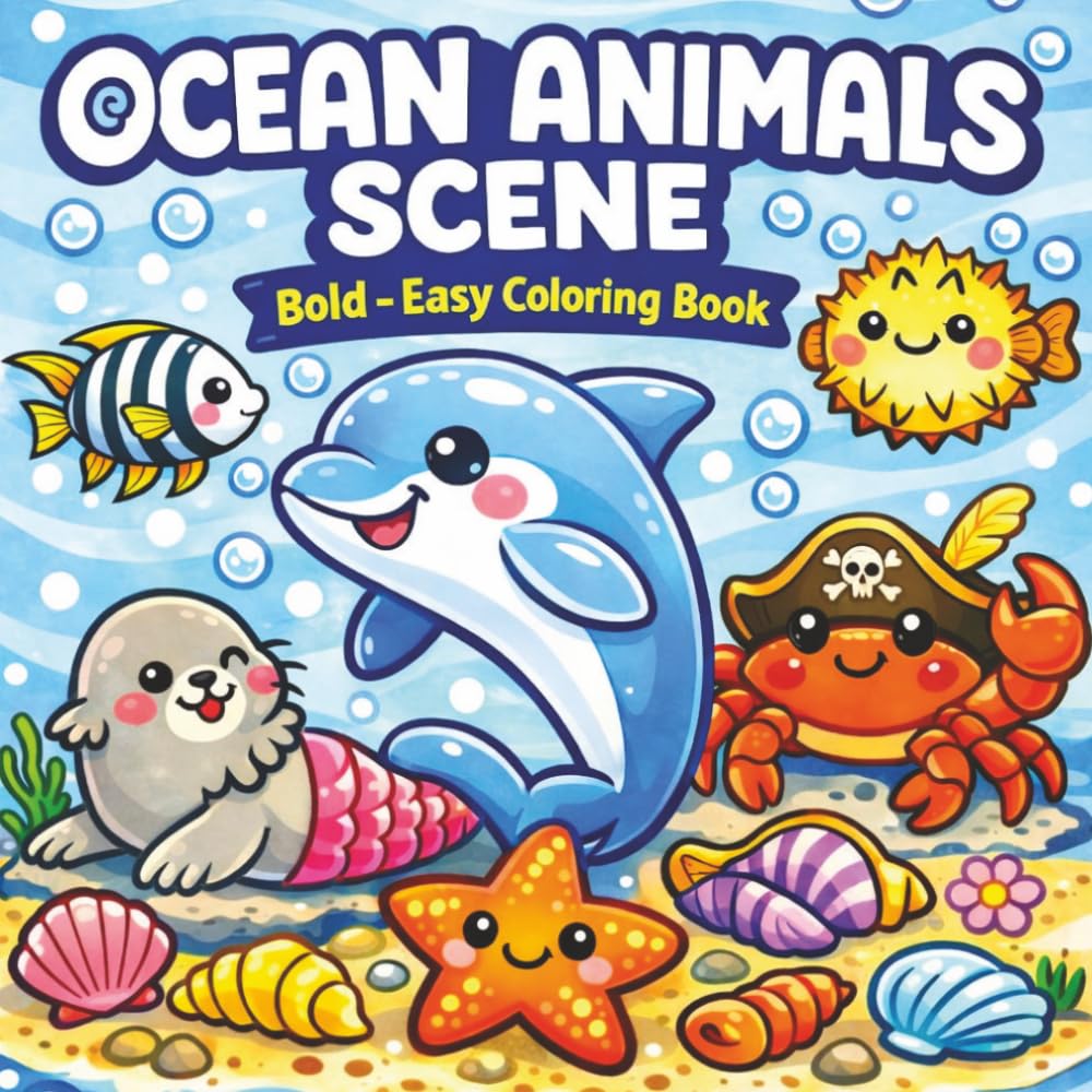 Ocean Animals Scene: bold - easy Coloring Book , Cute Sea Creatures, Underwater Worlds & Easy Bold Marine Scenes for All Ages