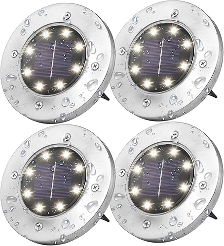 Solar Ground Lights Outdoor 4 Pack, 8 LED Solar Disk Garden Lights Waterproof Inground Landscape Lighting for Yard Deck Lawn Patio Pathway Walkway