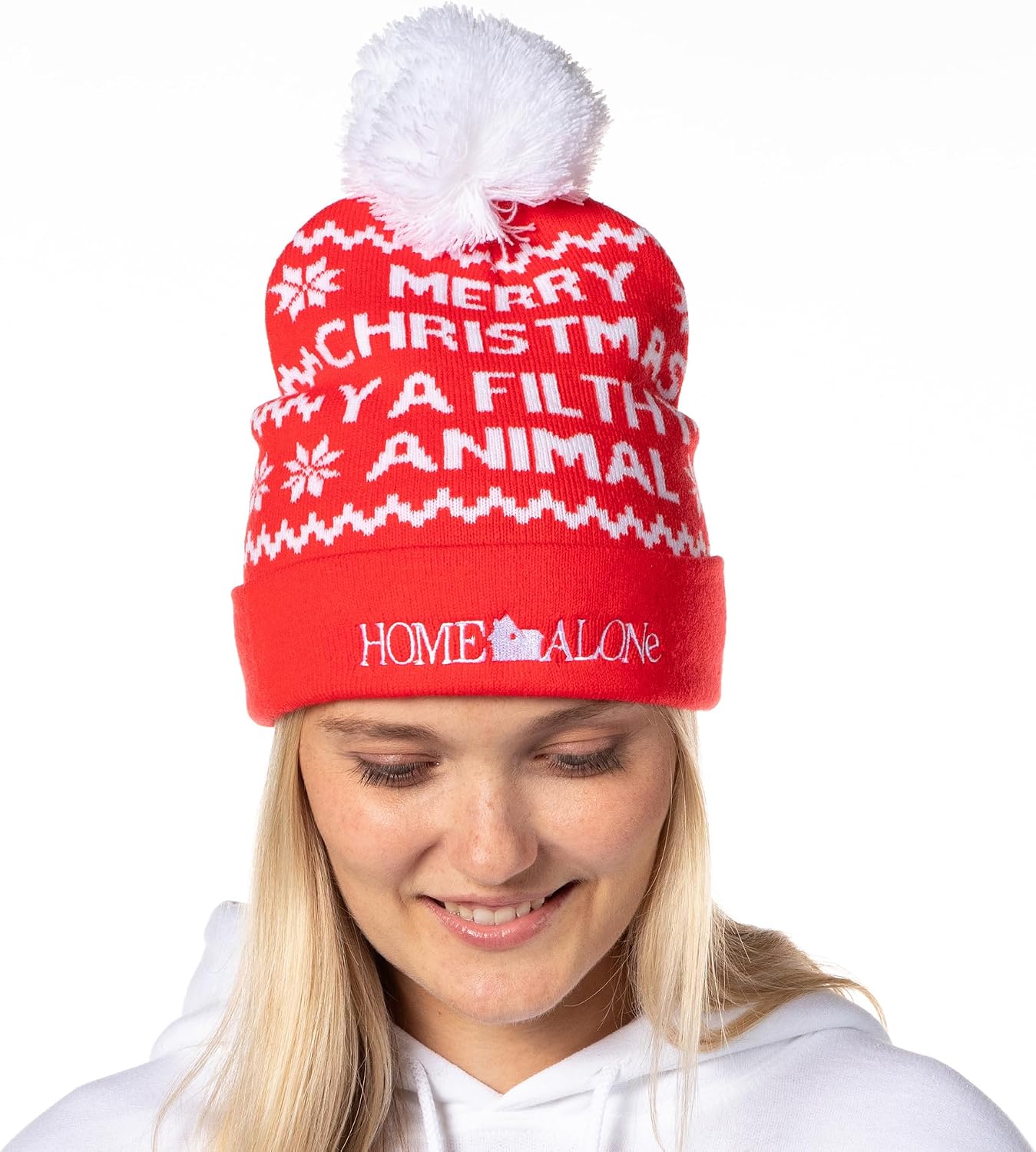 Mad Engine Home Alone Merry Christmas Fold Cuff Pom Adult Knit Beanie Red