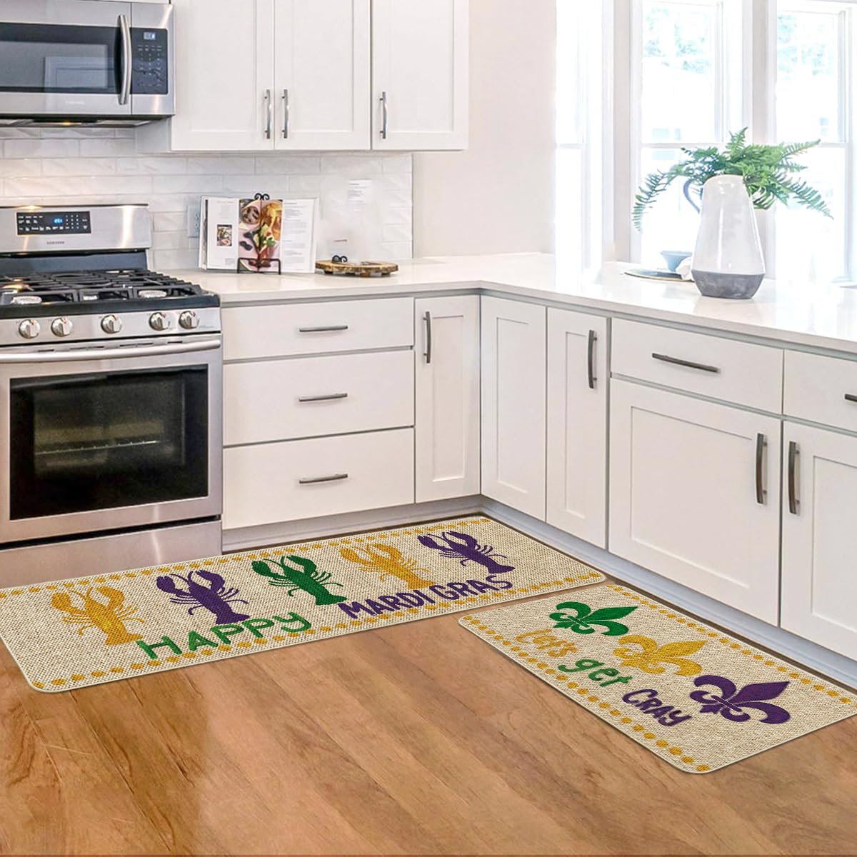 Artoid Mode Let's Get Cray Happy Mardi Gras Welcome Decorative Kitchen Mats Set of 2, Home Party Low-Profile Home Kitchen Rugs - 17x29 and 17x47 Inch