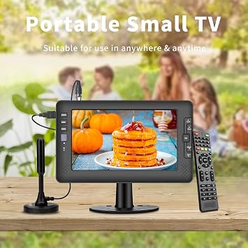 Jexiop 9 IPS Screen Portable TV with Digital ATSC Tuner, USB Port, AV Input, Built-in Rechargeable Battery, Mini TV for Camping, Caravan, Kitchen