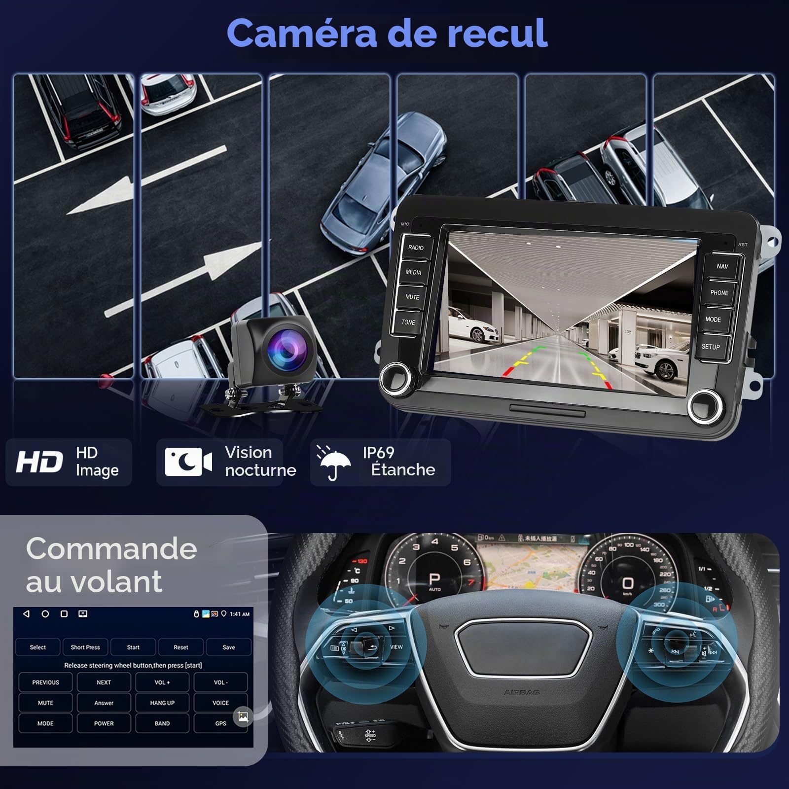 4G & 64G Autoradio 7" Bluetooth pour VW Golf 5 6 Polo Passat Skoda Touran Seat Carplay sans Fil Android Auto, WiFi GPS Navi HiFi RDS/Radio FM 2 DIN avec caméra de recul AHD/DVR/Canbus